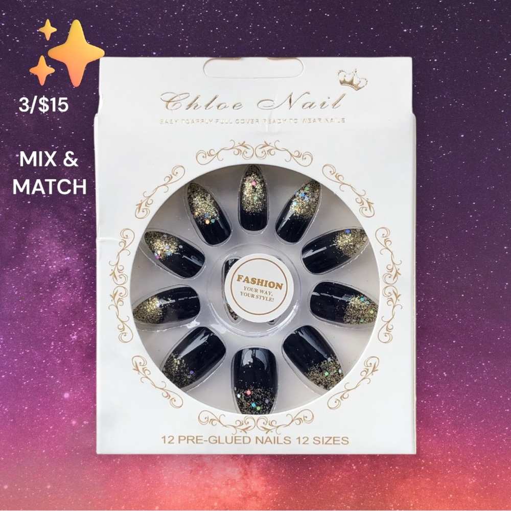 ✨12 Pre-Glued Black Nails w/Sparkly Tips! Fast,Easy&Cute! 2/$10 or 3/$15✨